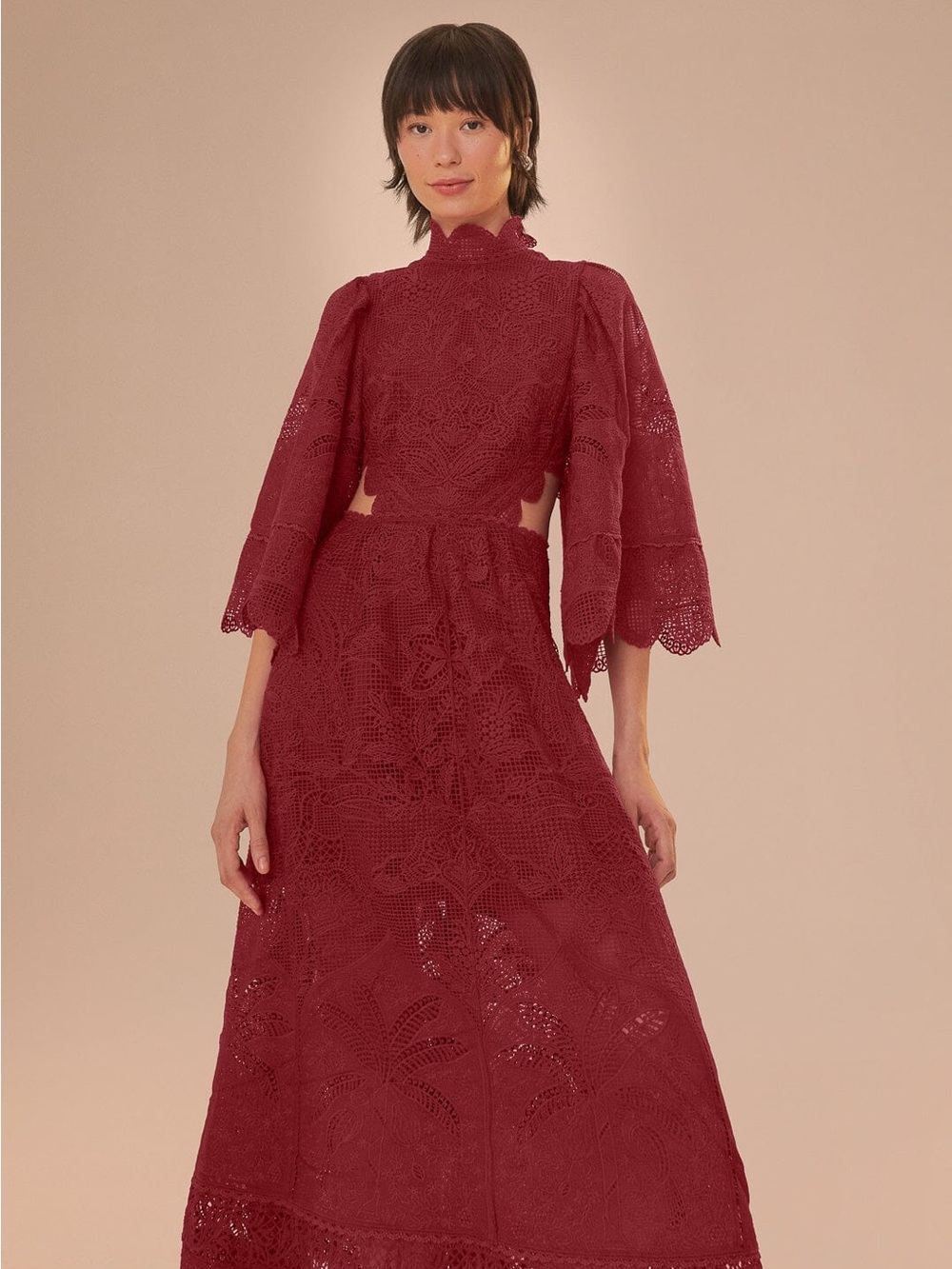 Farm Rio Dark Magenta Guipire Cut-Out Midi Dress